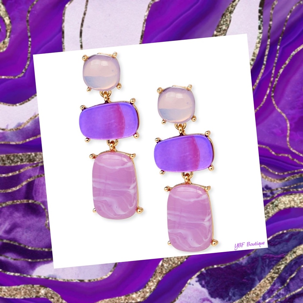 New Gold & Purple Marble Stone Drop Post Statement Fashion Earrings